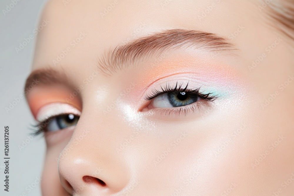 detailed view of abstract eyeliner in contrasting neon tones highlighted against soft neutral skin base detailed view of abstract eyeliner in contrasting neon tones highlighted against soft neutral skin base
