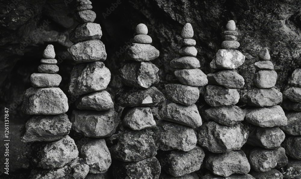 Obraz premium Balanced stone towers, dark cave backdrop
