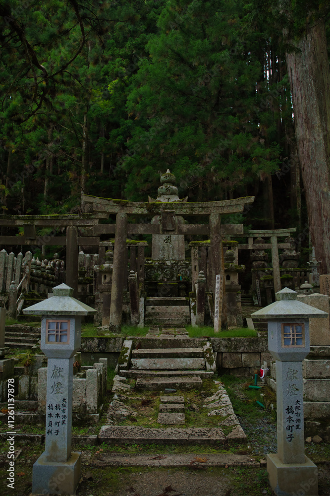 Vertical photograph of the old cemetery at sunset inside a forest, on Mount Koya, Okuno-in or Okunoin cemetery is a sacred area cemetery. In Wakayama prefecture, south of Osaka in Japan.
Vertical photograph of the old cemetery at sunset inside a forest, on Mount Koya, Okuno-in or Okunoin cemetery is a sacred area cemetery. In Wakayama prefecture, south of Osaka in Japan.