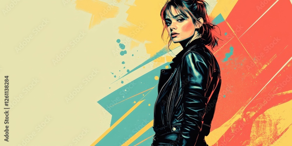 Portrait of a woman in leather jacket with colorful background Portrait of a woman in leather jacket with colorful background