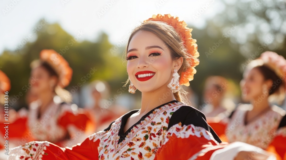 Obraz premium joyful dancers in vibrant costumes perform traditional dance in sunlit park setting showcasing lively expressions and