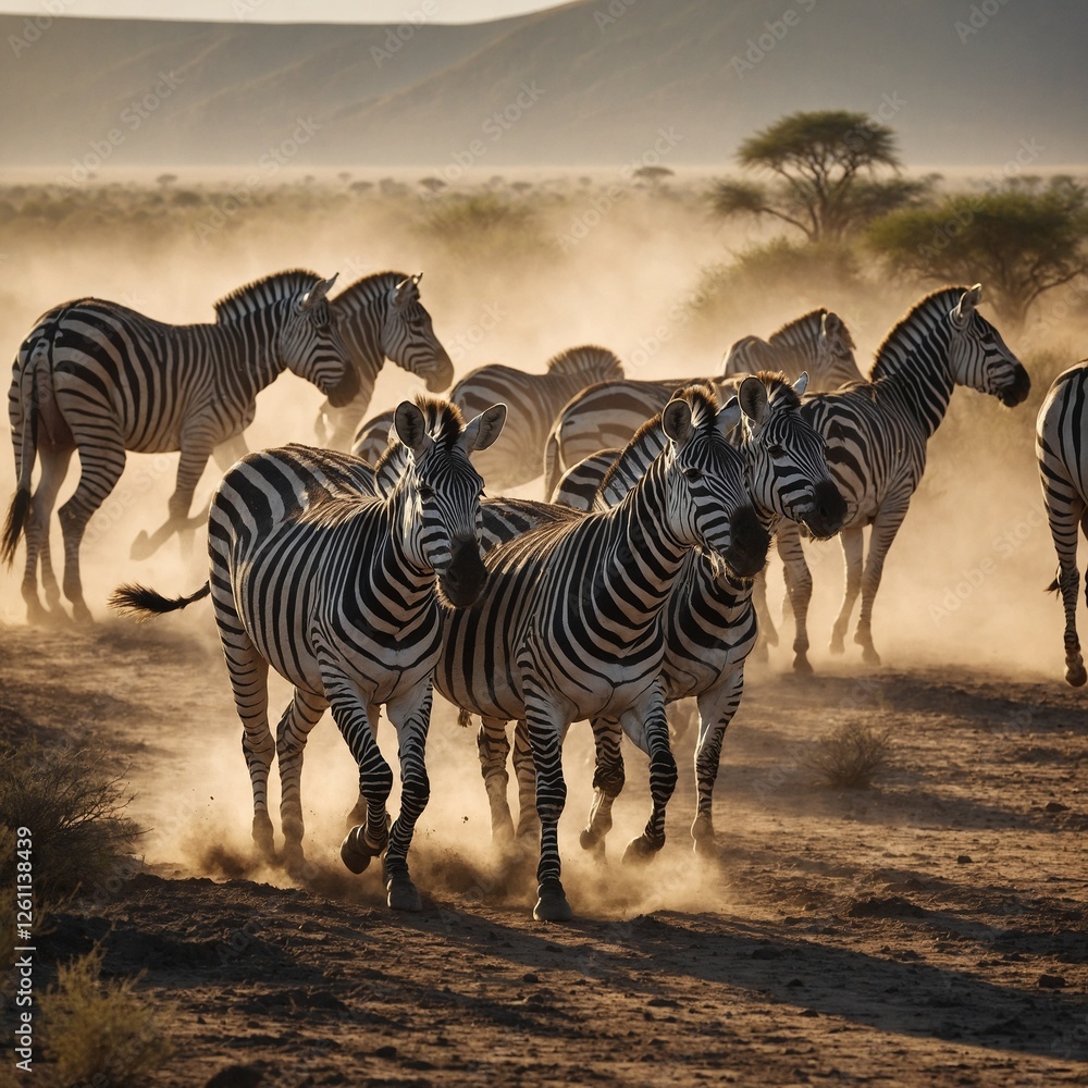 Obraz premium zebras in the savannah. A herd of zebras grazing on a plain with a white background. Group of zebras running together in their natural habitat. Group of zebras running together in their natural