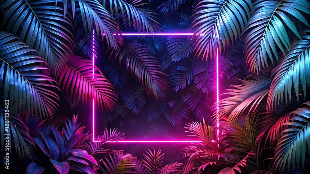 Neon pink square frame glowing in a dark tropical jungle, illuminating exotic palm leaves and ferns with vibrant magenta and purple cyberpunk-inspired lighting Neon pink square frame glowing in a dark tropical jungle, illuminating exotic palm leaves and ferns with vibrant magenta and purple cyberpunk-inspired lighting