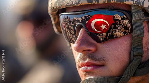 Turkish soldier wearing reflective sunglasses with the national flag visible in the lens during training exercises in the field