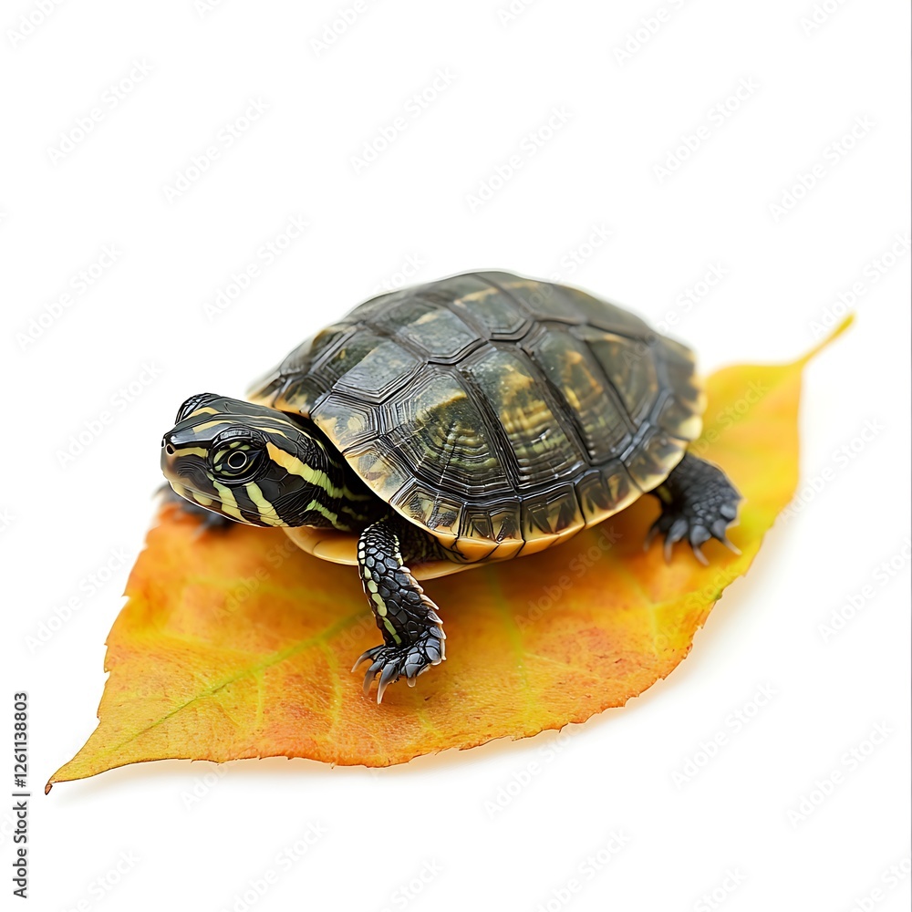 Obraz premium Cute baby turtle resting on autumn leaf image