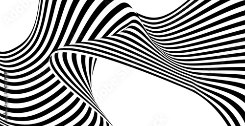 Dynamic black and white wavy lines create an abstract visual pattern