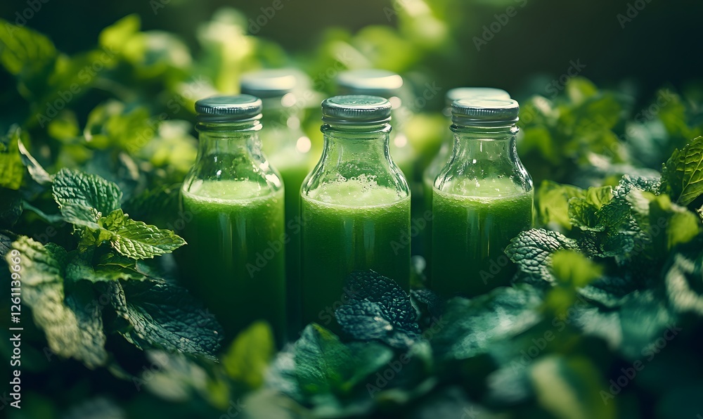 Refreshing green juice bottles with fresh mint leaves a healthy vibrant choice Refreshing green juice bottles with fresh mint leaves a healthy vibrant choice