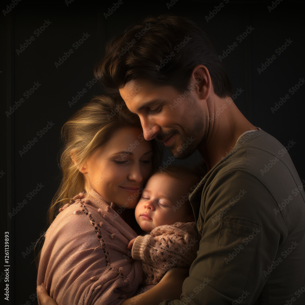 Loving family studio portrait of smiling mother, father, and baby embracing in a warm and intimate moment with dark elegant background Loving family studio portrait of smiling mother, father, and baby embracing in a warm and intimate moment with dark elegant background