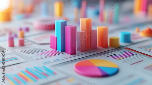 Colorful 3D bar and pie charts on a paper with graphs in a modern office setting, A colorful bar graph and pie chart