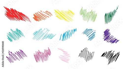 Set of doodles of all colors of the rainbow, multicolored collection of strokes drawn in pencil, abstract geometric straight brush strokes and bold lines, grunge set of strokes for text