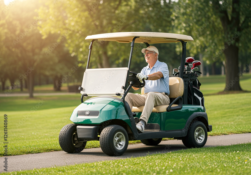 Golf cart driving on a path in a golf course with golfer and clubs Golf cart driving on a path in a golf course with golfer and clubs