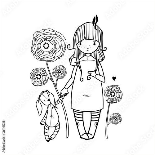 Cute Girls Coloring Pages  Cards - Vector Line Art