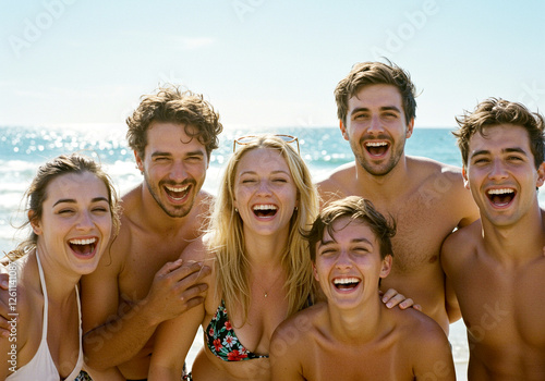 Group of friends laughing on beach enjoying summer fun together photo