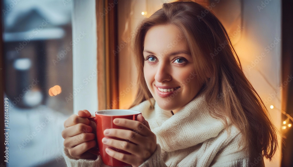 Close up portrait of a woman sitting by the window, wrapped in a cozy sweater, with a mug of hot cider, watching snowflakes fall outside and twinkling lights inside. Close up portrait of a woman sitting by the window, wrapped in a cozy sweater, with a mug of hot cider, watching snowflakes fall outside and twinkling lights inside.