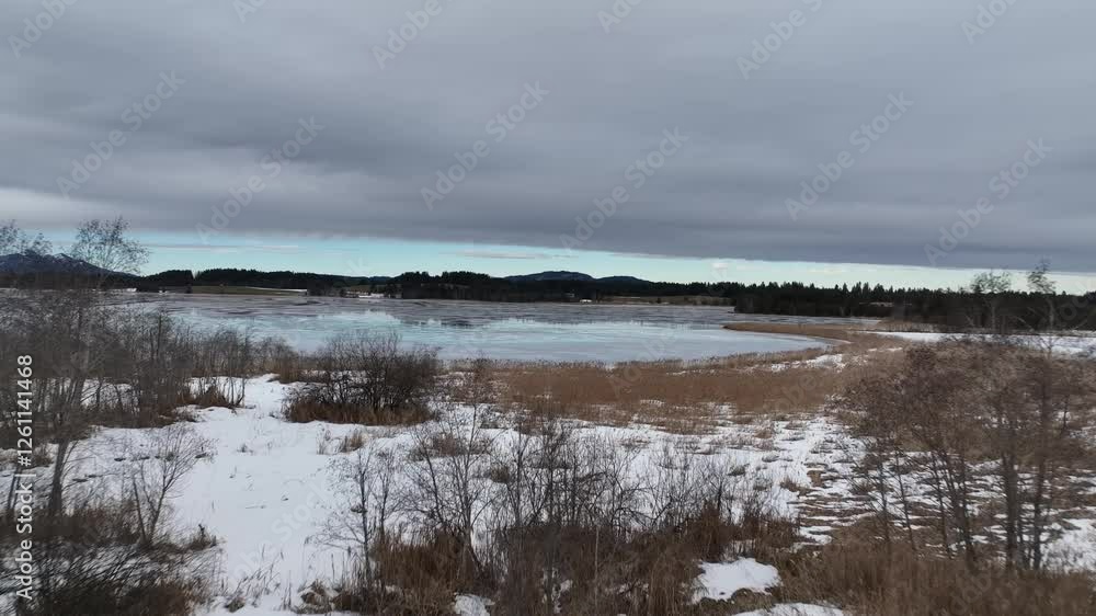 Aerial video over the town and lakes in winter Lechbruck Germany Aerial video over the town and lakes in winter Lechbruck Germany