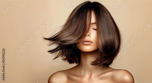 Beautiful model woman with shiny brown and straight  hair .Short shoulder length straight hair. Smiling girl with Smooth  hairstyle dye .Keratin  straightening . Treatment, care and spa procedures. 