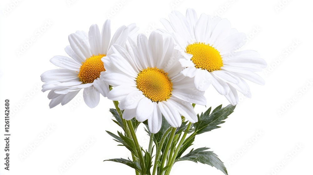Fototapeta premium Three daisies bouquet, white background, nature, floral design