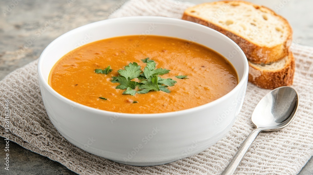 Cozy bowl of gluten-free lentil soup with fresh herbs and warm bread on textured tablecloth.baby complementary foods, baby food, diet for gastritis Cozy bowl of gluten-free lentil soup with fresh herbs and warm bread on textured tablecloth.baby complementary foods, baby food, diet for gastritis