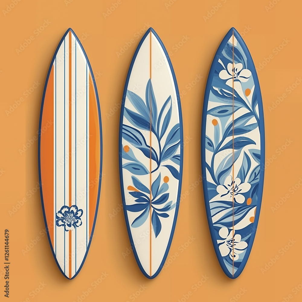 A trio of surfboards with Hawaiian-style blue and orange floral motifs, placed against a warm background.