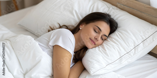 Top view of calm lady sleeping well on her back, resting, enjoying fresh cotton bedding, soft pillow and comfy mattress, copy space, banner