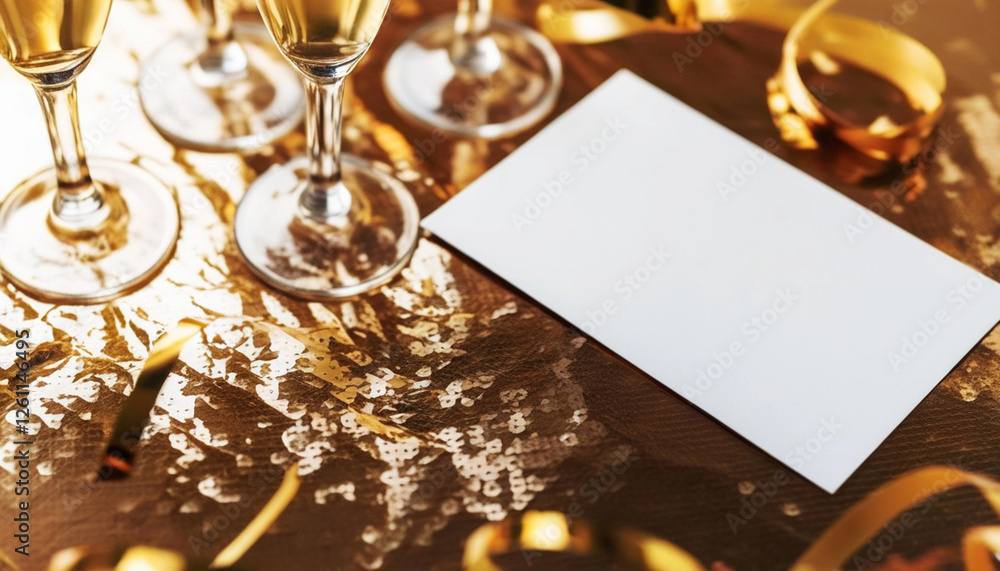 Fototapeta premium Extreme close up of a New Year's Eve mock-up: A blank invitation card on a shiny golden table with sparkling confetti and small champagne flutes around it.