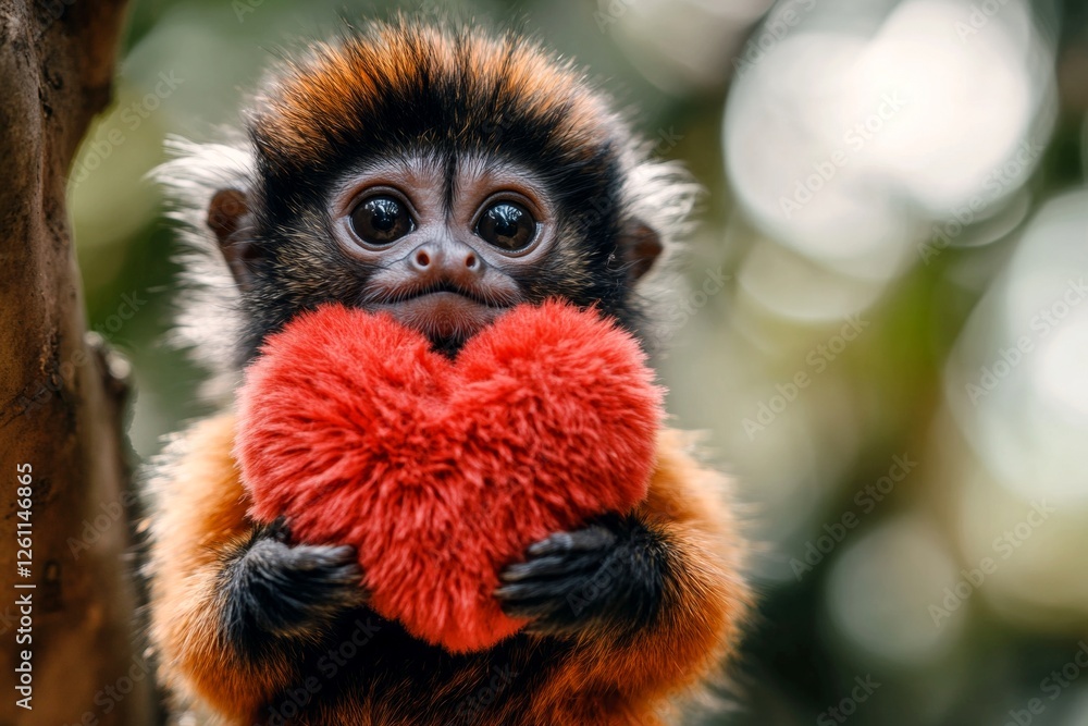 Fototapeta premium Marketing animal conceptual art. Cute tamarin baby with fluffy red heart on in a natural habitat. Tamarin - my cherished animal. Animals expressing love. Nature's love message. Wild love.