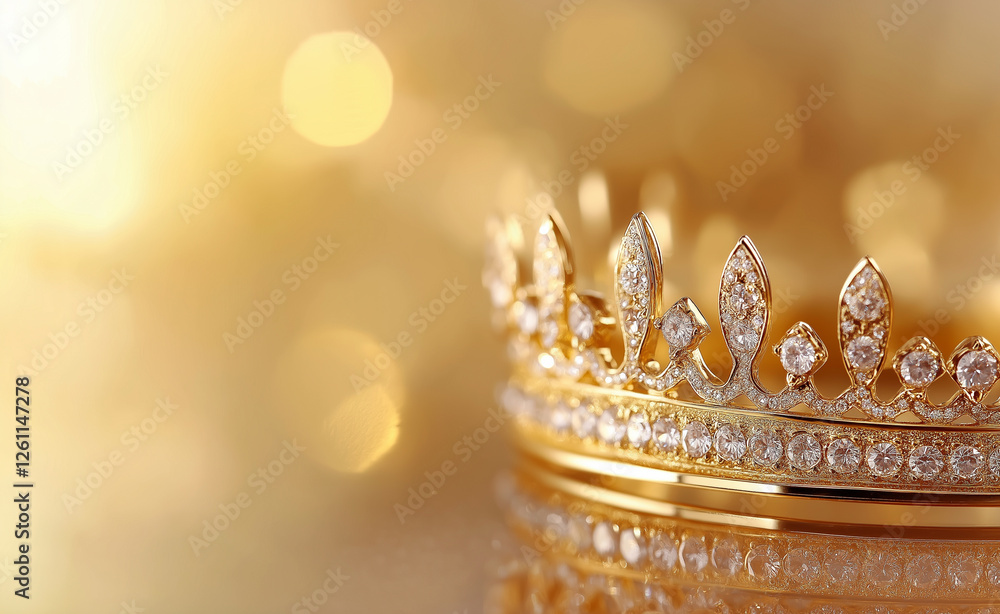 A luxurious golden crown with gemstones resting on a sparkling gold background. A luxurious golden crown with gemstones resting on a sparkling gold background.