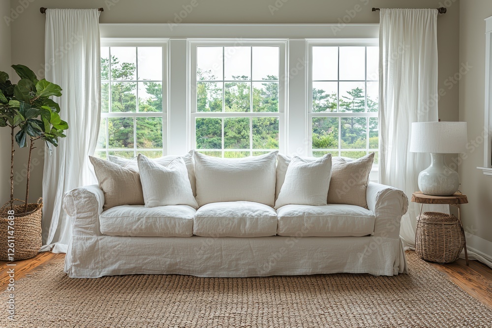 Fototapeta premium Coastal living room design minimalist interior high fidelity linen sofa bright and airy environment natural light viewpoint
