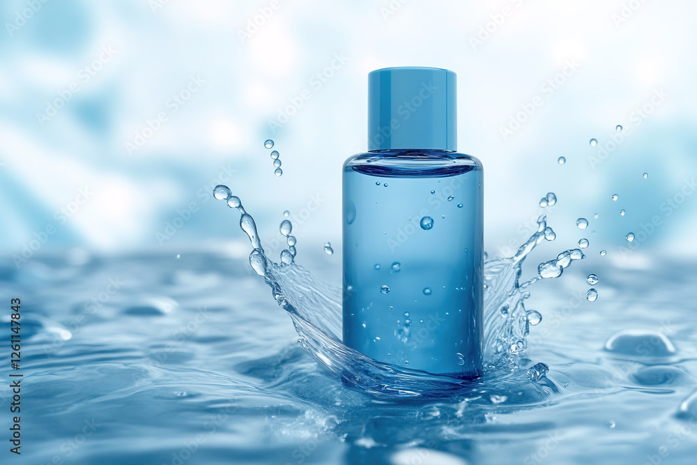 Cosmetic bottle splashing in clean water creating drops and ripples Cosmetic bottle splashing in clean water creating drops and ripples