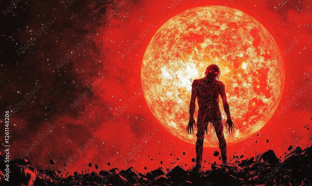 Obraz premium Crimson moon, undead figure, desolate landscape, eerie horror.