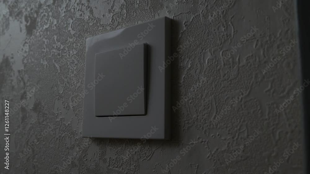 A white light switch on a white wall. The man's hand turns off the light, leaving the room. Energy saving, energy industry