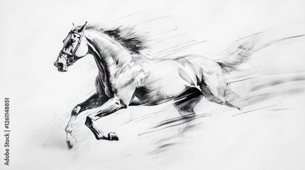 Obraz premium Ethereal monochrome horse gallop with dynamic brushstrokes on plain canvas