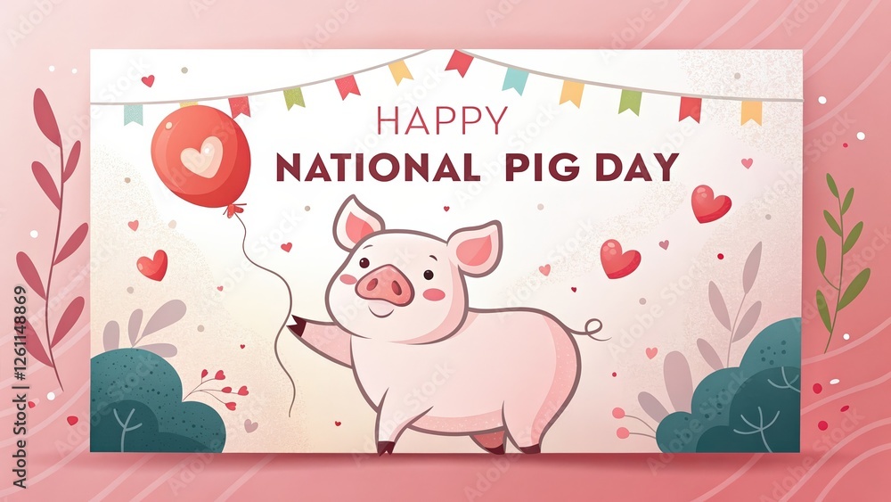 Happy national pig day celebration card with festive balloon and hearts Happy national pig day celebration card with festive balloon and hearts