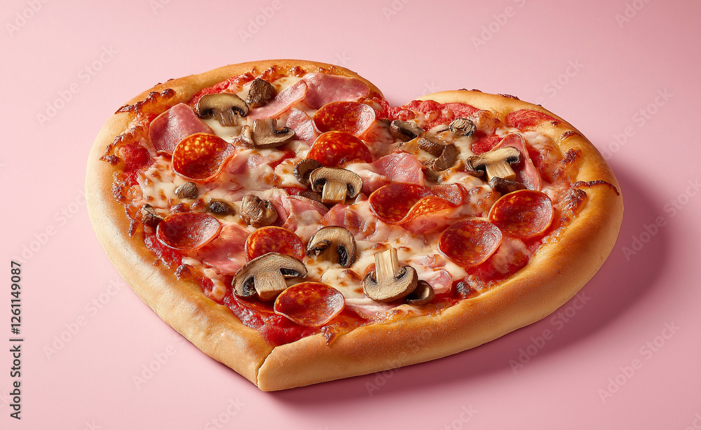 A heart-shaped pizza with pepperoni and mushrooms on a soft pink background.
A heart-shaped pizza with pepperoni and mushrooms on a soft pink background.