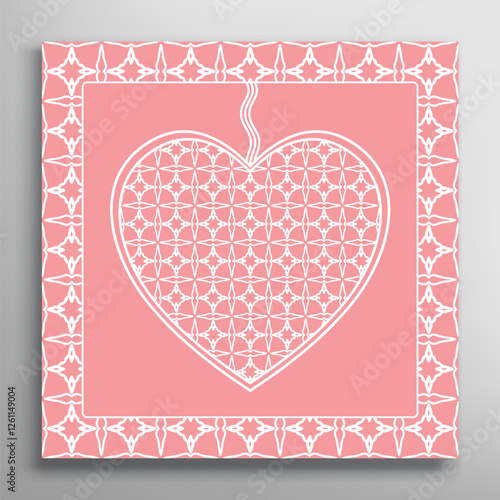 Card or Invitation with ornate lace Heart and frame. Openwork filigree template for Wedding, Bridal, Valentine's day, greeting cards or Birthday Invitations. Abstract line pattern, heart background