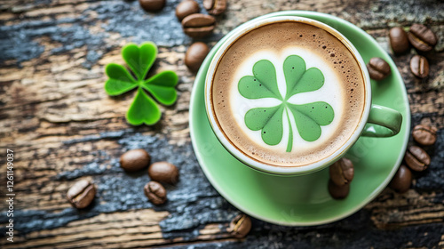 Wallpaper Mural cup of coffee with latte art in the shape of a clover leaf on a wooden table,   St. Patrick's Day celebration concept. Torontodigital.ca