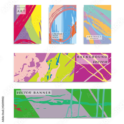 Abstract universal grunge art texture, web header template. Collage page and banner collection with brush strokes. Design for card, invitation, brochure, booklet, book cover, flyer sheet a4