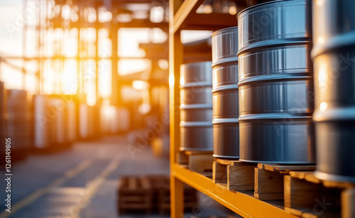 Metal barrels stored on industrial shelves in a warehouse with warm sunlight filtering through. photo