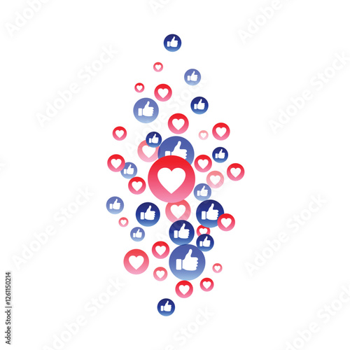 Blue, red bubble with thumb up like, Likes hearts and thumbs flying up for stories and live streams
