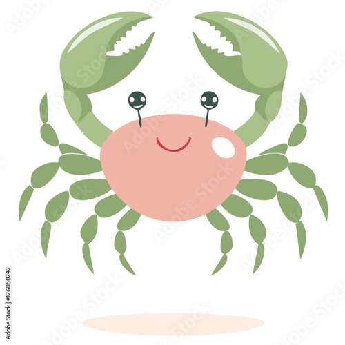Cute green crab vector illustration in cartoon style. Childish charming drawing of sea creature on isolated background. Print for clothes or design