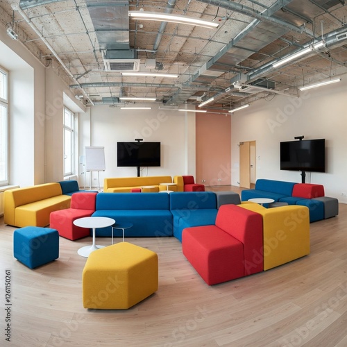 Co-working style conference room with open layout and modular furniture. photo