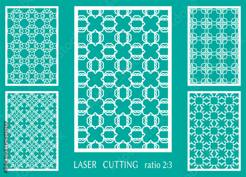 Templates for laser cutting, plotter cutting, printing. Line patterns set. Geometric design cut out of paper. Mandala die cut ornament. Fretwork panels, cutout silhouette stencils