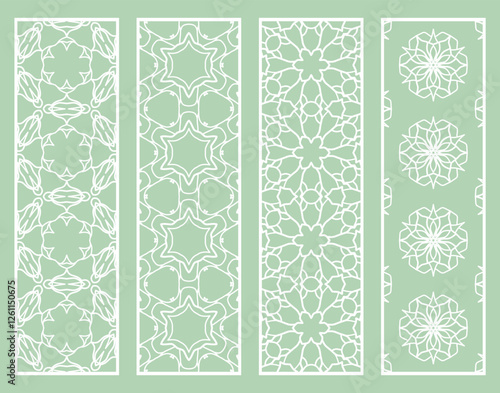 Decorative geometric line borders with repeating texture. Tribal ethnic arabic, indian, turkish ornament, bookmarks templates set. Isolated design elements. Stylized lace patterns collection