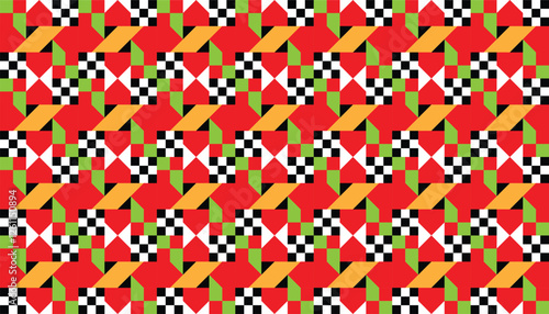 Geometric patterns with bold, almost dizzying designs. Colors and shapes alternate in complex and dynamic sequences, creating busy and interesting visual patterns