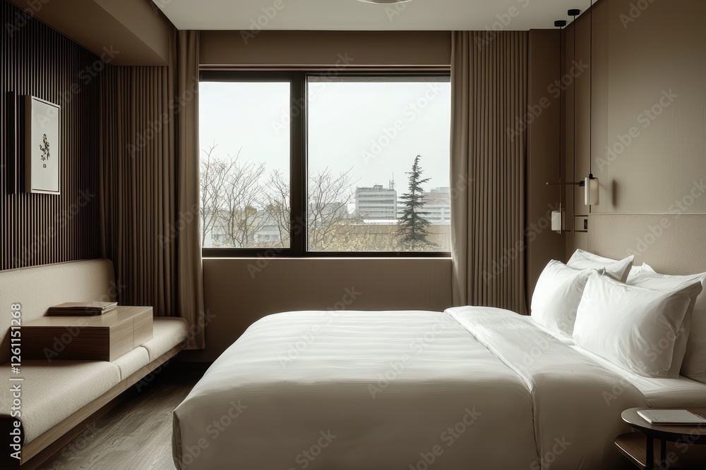 Fototapeta premium Elegant hotel suite design urban environment interior photography minimalist aesthetic relaxed view modern luxury concept