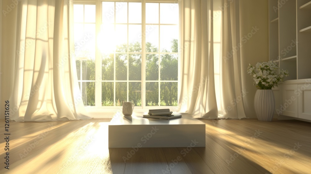 Fototapeta premium Sun-drenched living room with serene ambiance and cozy reading nook