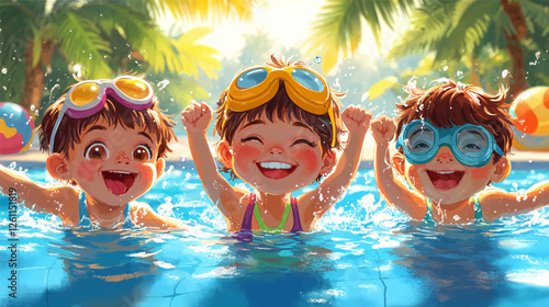 A fun-filled summer day in a bright blue swimming pool, splashing water and laughing with joy. 