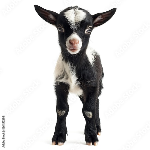 Adorable baby goat, farm animal, white background, playful expression, perfect for greeting cards