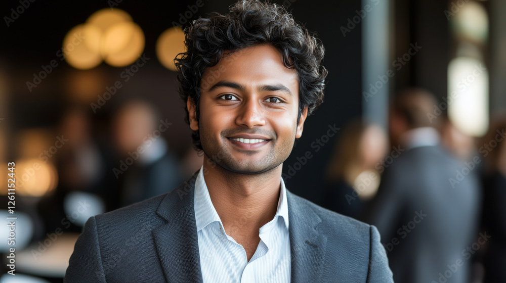 A confident young man in a suit smiles at a professional networking event. The blurred background with warm lighting and business professionals adds a dynamic and engaging atmosphere. A confident young man in a suit smiles at a professional networking event. The blurred background with warm lighting and business professionals adds a dynamic and engaging atmosphere.