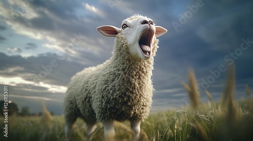 Sheep Bellowing in a Lush Green Field Under Dramatic Clouds at Dusk photo